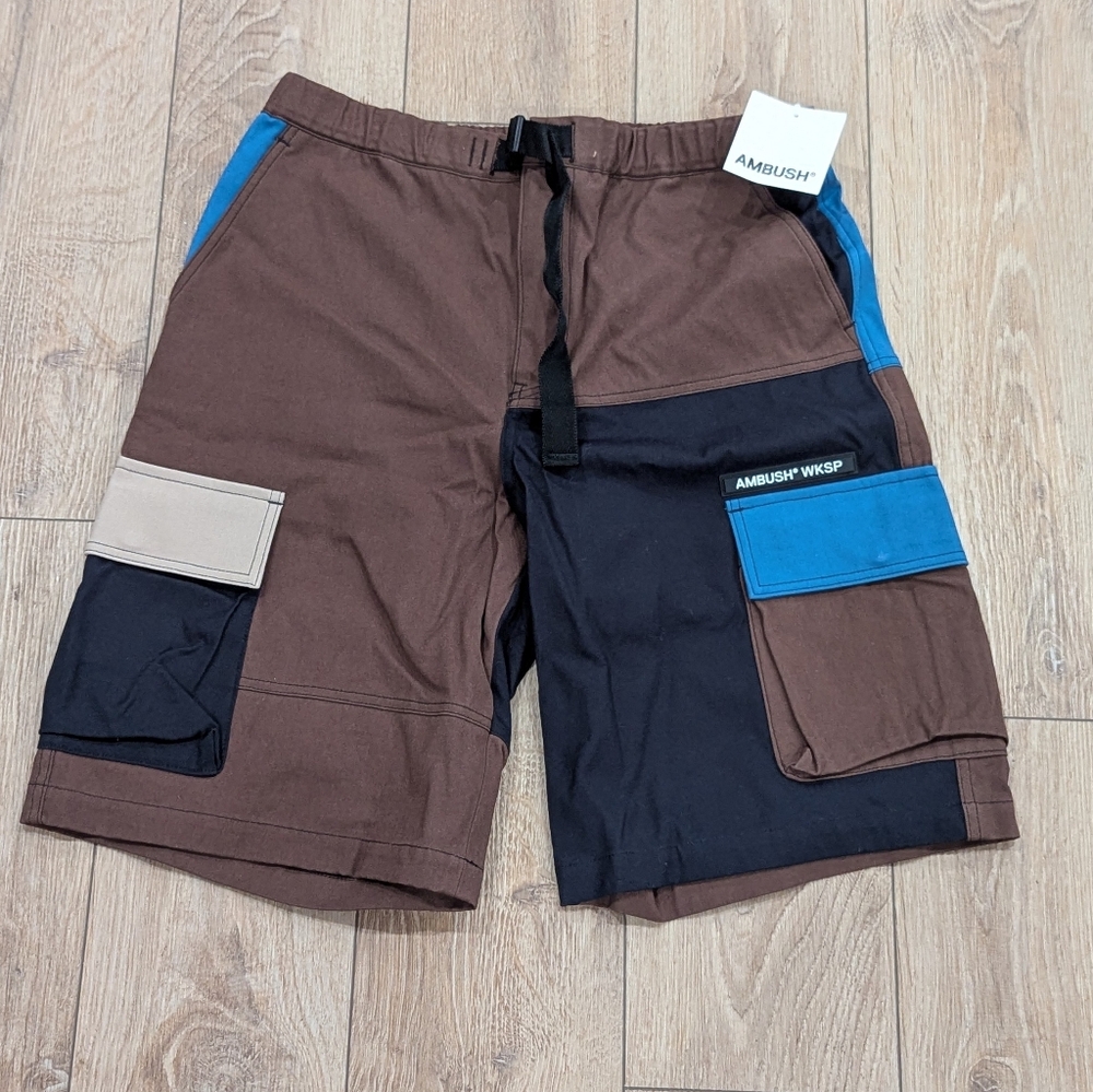 $990 Mens AMBUSH Pannelled Cotton Shorts Brown Large